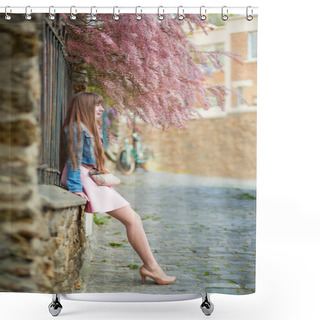 Personality  Beautiful Woman In Pink Dress On A Parisian Street Shower Curtains