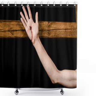 Personality  Cropped View Of Jesus Crucified On Wooden Cross Isolated On Black  Shower Curtains