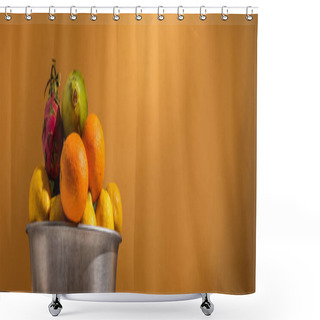 Personality  Exotic Fruits In Metal Bowl On Orange Background, Banner Shower Curtains