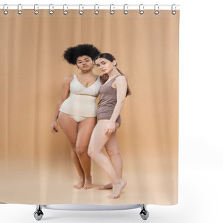 Personality  Full Length Of Young Multiethnic Women Posing In Underwear On Beige Background Shower Curtains