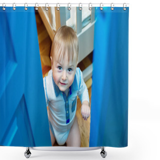 Personality  Small Boy Peeps From The Door, Tries To Close It Shower Curtains