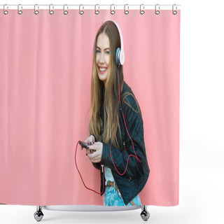 Personality  Beautiful Happy Woman In Headphones Listening Music Near The Wall Shower Curtains