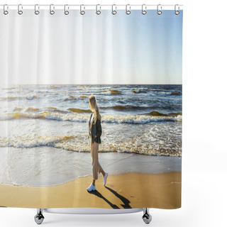 Personality  Side View Of Young Woman In Stylish Clothing Walking On Seashore On Summer Day Shower Curtains