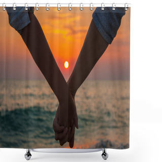 Personality  Couple Holding Hands At Sea Sunset Shower Curtains