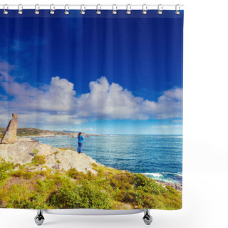 Personality  Woman Tourist Looking At Ocean In Norway Shower Curtains
