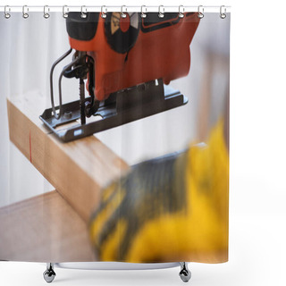 Personality  Close Up View Of Blurred Man In Glove Using Jigsaw Machine On Wooden Plank  Shower Curtains