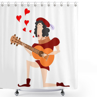 Personality  Color Image Of A Medieval Guitar On One Knee. The Singer With A  Shower Curtains