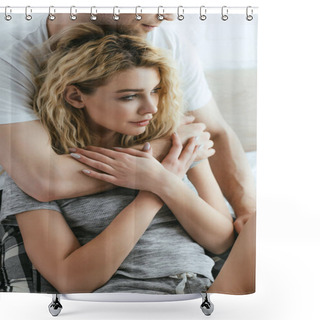 Personality  Cropped View Of Man Hugging Attractive Blonde Girlfriend  Shower Curtains