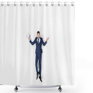Personality  Top View Of Young Manager With Loudspeaker Isolated On White Shower Curtains