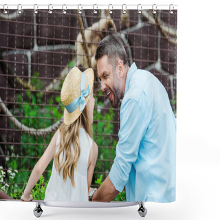 Personality  Kid In Straw Hat Looking At Father Showing Tongue Near Cage With Wild Animal In Zoo  Shower Curtains