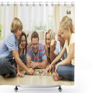 Personality  Family Playing Board Game At Home With Grandparents Watching Shower Curtains