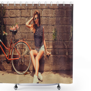 Personality  Girl  Posing With Red Bicycle Shower Curtains