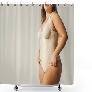 Personality  Partial View Of Curvy Woman Wearing Beige Bodysuit And Standing With Hand On Hip Isolated On Grey Background, Self-confidence, Figure Type, Body Positivity Movement, Tattoo Translation: Harmony  Shower Curtains