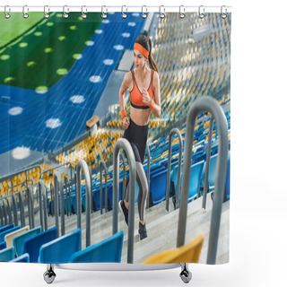 Personality  High Angle View Of Beautiful Athletic Woman Jogging Upstairs At Sports Stadium Shower Curtains
