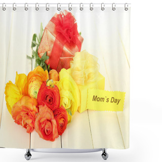 Personality  Ranunculus (persian Buttercups) And Gifts For Mothers Day, On White Wooden Background Shower Curtains