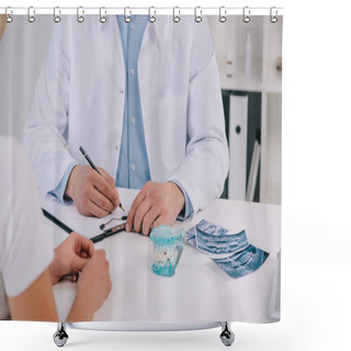 Personality  Cropped View Of Orthodontist Writing Diagnosis During Consultation With Woman In Clinic Shower Curtains