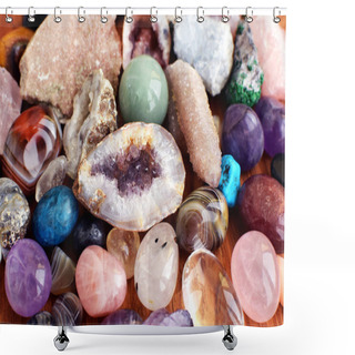 Personality  Beautiful Gemstones,  Geode Amethyst And Druses Of Natural Purple Mineral Amethyst On A Wooden Background. Amethysts And Rose Quartz. Large Crystals Of Semi-precious Stones. Shower Curtains