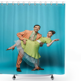 Personality  Handsome Dancer Supporting Girl While Dancing Boogie-woogie On Blue Background Shower Curtains