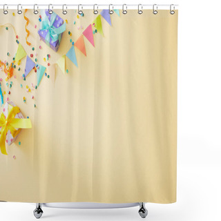 Personality  Top View Of Festive Colorful Confetti And Gift Boxes On Beige Background Shower Curtains