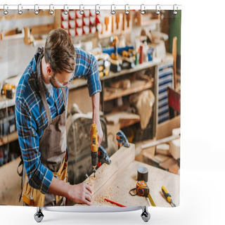 Personality  Woodworker In Goggles And Apron Holding Hammer Drill Near Wooden Planks Shower Curtains