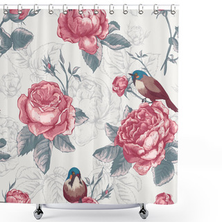 Personality  Botanical Floral Seamless Pattern With Roses And Birds Shower Curtains