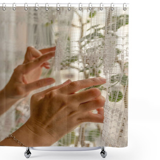 Personality  Young Woman Having Rheumatoid Arthritis Trying To Move The Curtains. Hands And Legs Are Deformed. She Feels Pain. Selective Focus. Shower Curtains