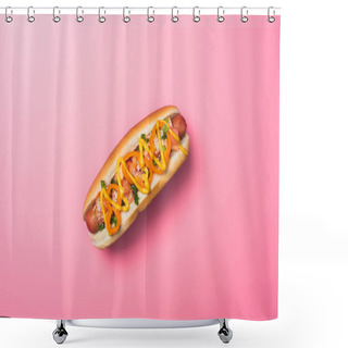 Personality  Top View Of Yummy Hot Dog With Sausage On Pink Shower Curtains