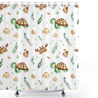 Personality  Underwater Creatures, Sea Turtle, Fish, Crab, Algae, Corals On A White Background. Watercolor Seamless Pattern Shower Curtains