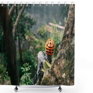 Personality  Rear View Of Male Hiker In Protective Helmet Standing On Rocky Cliff In Forest Shower Curtains