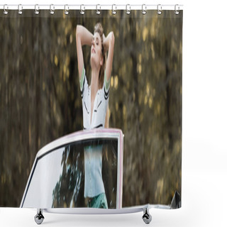 Personality  Young Woman Touching Raised Head While Standing In Cabriolet With Closed Eyes, Banner Shower Curtains