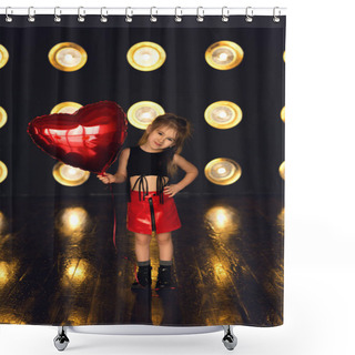 Personality  A Girl With A Red Ball In The Shape Of A Heart. The Girl Is Dressed In A Rock Style, In A Red Leather Skirt. The Valentine's Day Holiday. The Child Is Celebrating His Birthday. Shower Curtains