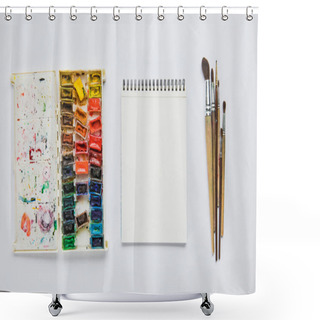Personality  Top View Of Album With Watercolor Paints And Paintbrushes On White Background Shower Curtains