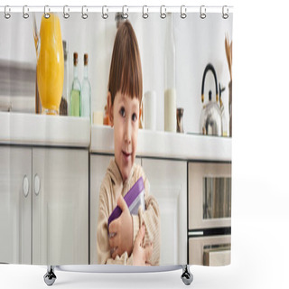 Personality  Cute Toddler Boy In Homewear Holding Pack Of Corn Flakes During Breakfast On Kitchen, Banner Shower Curtains
