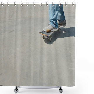 Personality  A Young Skater Boy Effortlessly Rides A Skateboard On A Smooth Cement Surface In A Vibrant Outdoor Skate Park On A Summer Day. Shower Curtains