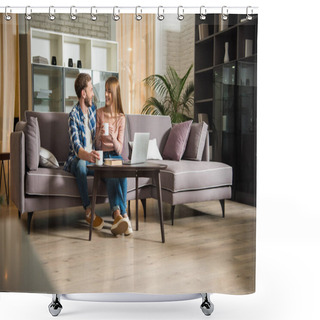 Personality  Young Couple Sitting On Couch With Cups In Living Room With Modern Design Shower Curtains
