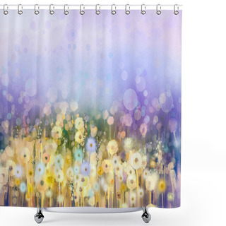 Personality  Abstract Oil Painting Flowers Plant. Dandelion Flower In Fields. Meadow Landscape With Wildflower. Purple,Blue Sky Color With Bokeh Shower Curtains
