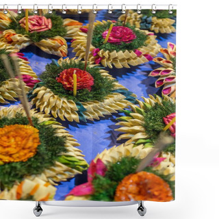 Personality  Krathong, The Hand Crafted Floating Candle Made Of Floating Part Decorated With Green Leaves Colorful Flowers And Many Sorts Of Creative Materials For Sale On Festival Loy Krathong In Chiang Mai, Thailand Shower Curtains