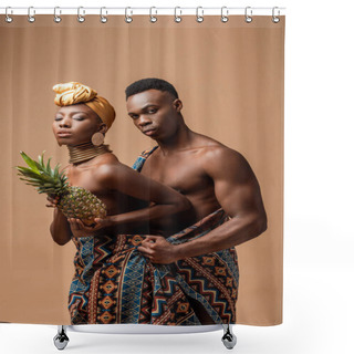 Personality  Sexy Naked Tribal Afro Woman Covered In Blanket Posing With Pineapple Near Man Isolated On Beige Shower Curtains
