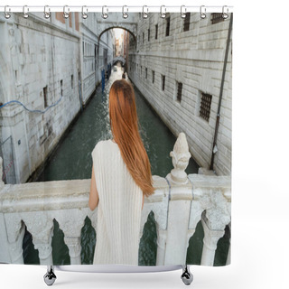 Personality  Back View Of Redhead Woman Standing On Bridge Near Medieval Prison In Venice Shower Curtains