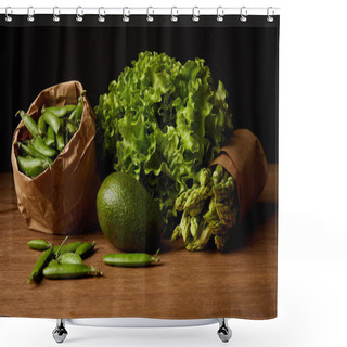 Personality  Close-up Shot Of Healthy Green Vegetables On Wooden Surface Shower Curtains