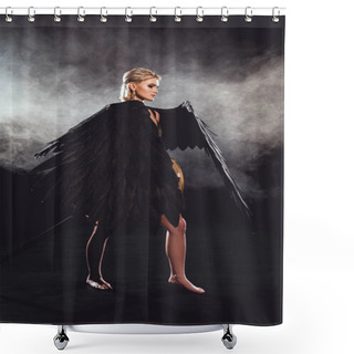 Personality  Beautiful Woman With Black Angel Wings And Sword Posing On Black Background Shower Curtains