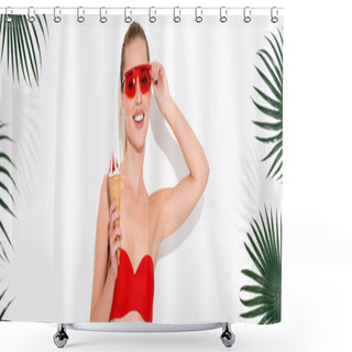 Personality  Happy Woman Touching Eyeglasses And Smiling At Camera While Holding Ice Cream On White, Banner Shower Curtains