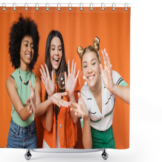 Personality  Cheerful And Multiethnic Teen Girlfriends In Stylish Casual Clothes Looking At Soap Bubbles While Standing On Orange Background, Teen Fashionistas With Impeccable Style Concept Shower Curtains