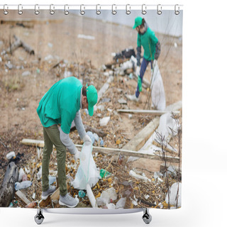 Personality  Young Staff In Green Uniform Fighting With Litter Thrown On Abandoned Territory Shower Curtains