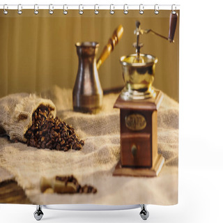 Personality  Coffee Beans In Canvas Bag Near Blurred Coffee Grinder  Shower Curtains