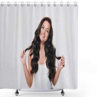 Personality  Happy Brunette Beautiful Woman With Long Curly Healthy Hair Isolated On Grey Shower Curtains