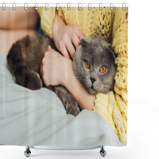 Personality  Partial View Of Young Woman Holding Scottish Fold Cat At Home Shower Curtains