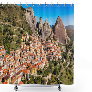 Personality  The Picturesque Village Of Castelmezzano, Province Of Potenza, Basilicata, Italy. Cityscape Aerial View Of Medieval City Of Castelmazzano, Italy. Castelmezzano Village In Apennines Dolomiti Lucane. Shower Curtains