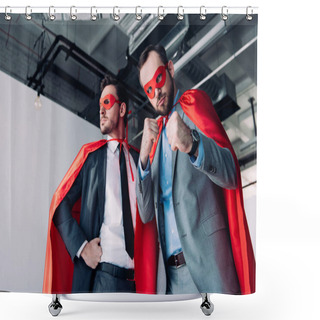 Personality  Low Angle View Of Handsome Super Businessmen In Masks And Capes Showing Fists In Office Shower Curtains