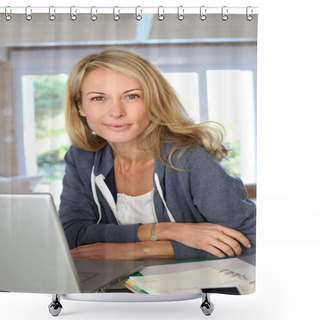Personality  Middle-aged Blond Woman Working At Home With Laptop Shower Curtains
